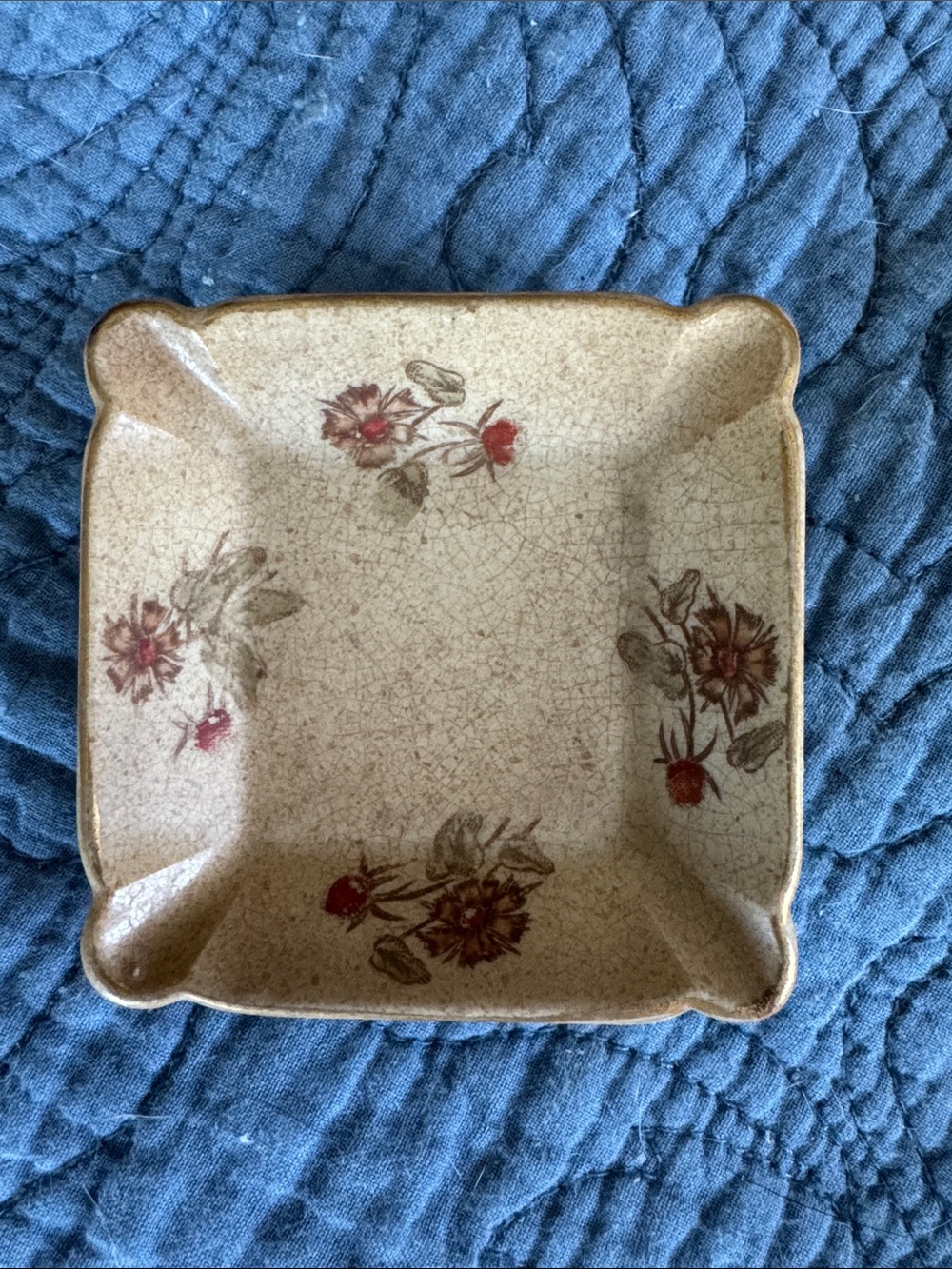 Vintage Floral Square Ceramic Trinket Dish in Cream and Red